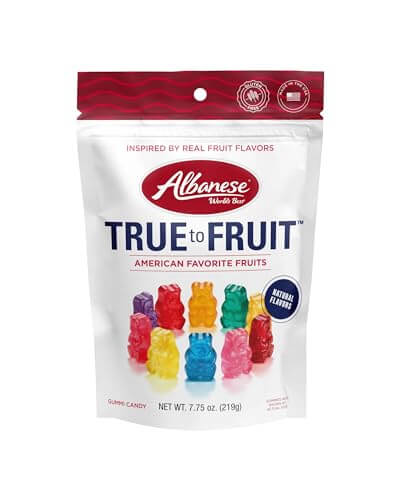 Albanese Gummy Bears pack showcasing colorful gummy candies inspired by real fruit flavors, 7.75oz bag.