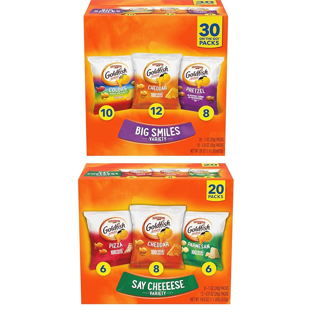 Goldfish Crackers Big Smiles Variety Pack with Cheddar, Colors, and Pretzels, Snack Packs, 30 Ct