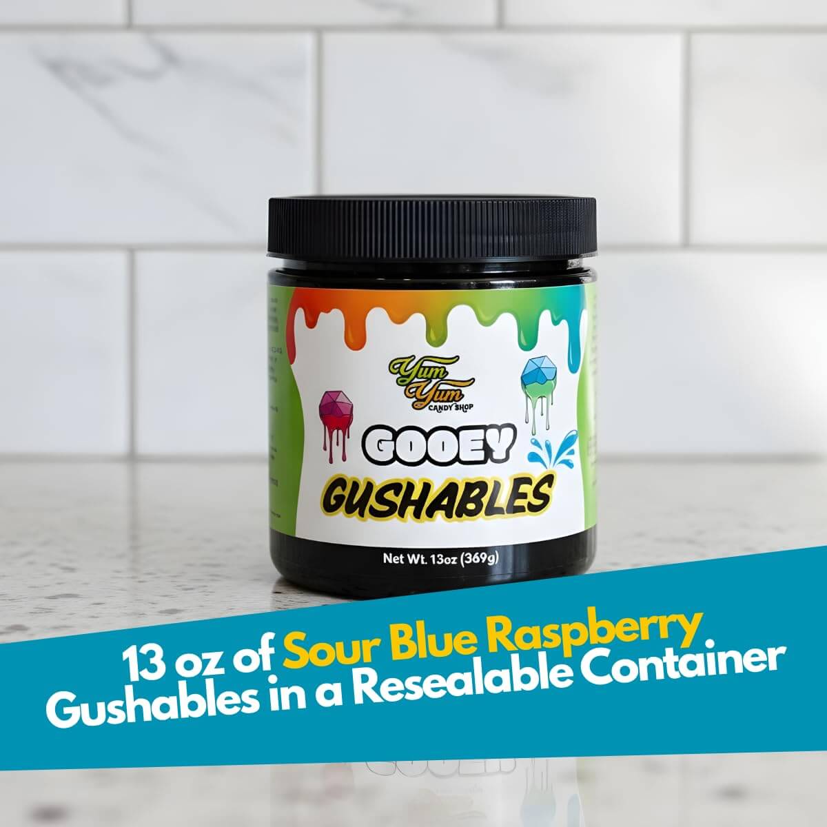 Gooey Gushables Sour Blue Raspberry in a resealable container, 13 oz of tasty liquid candy.