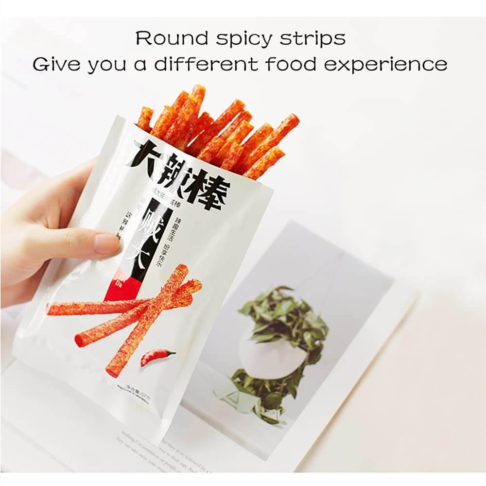 Chinese Spicy Latiao Gluten Strips in packaging featuring round spicy strips for a unique snacking experience.