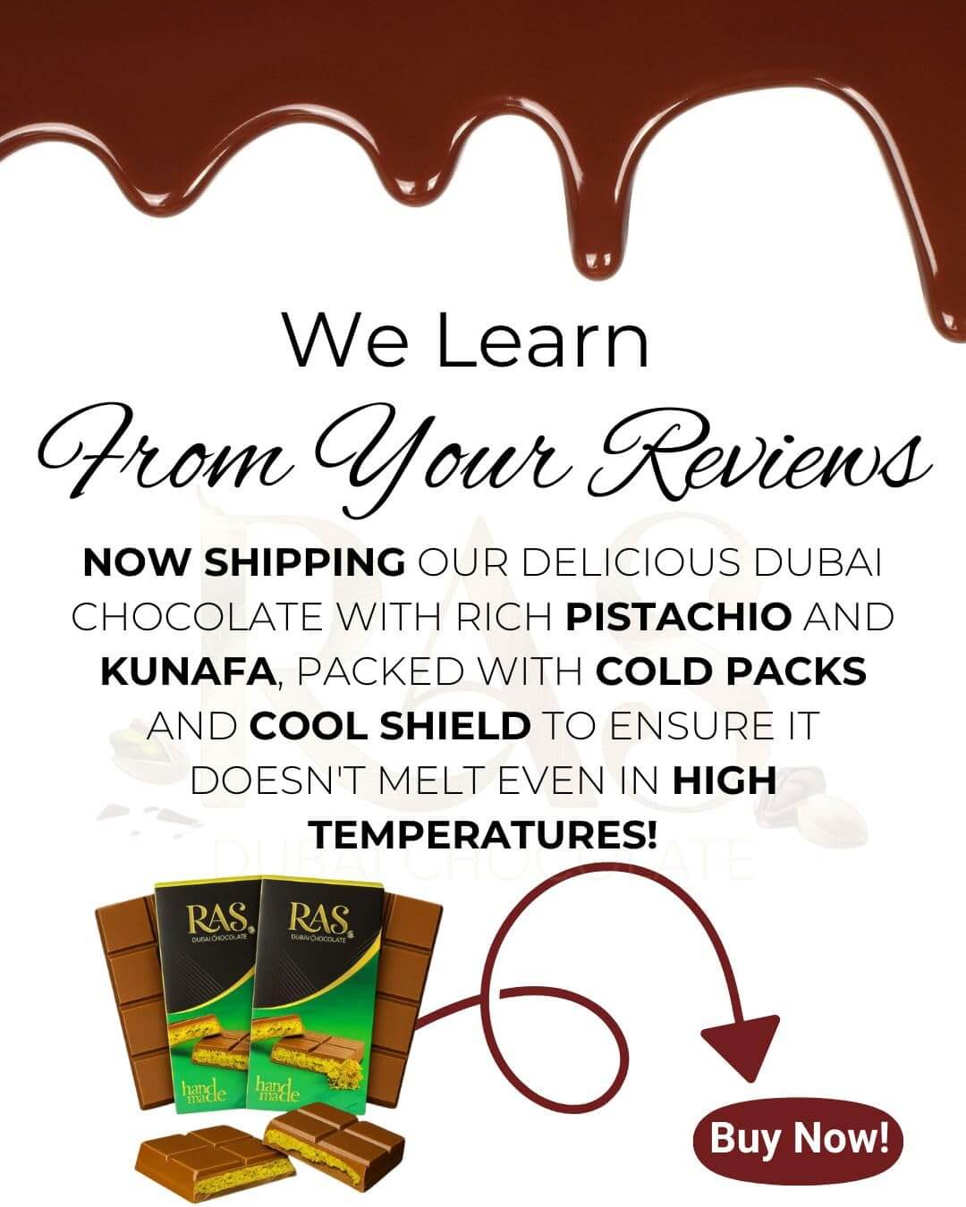 Dubai RAS Chocolate Bar with rich ingredients and cold packs to prevent melting in high temperatures.