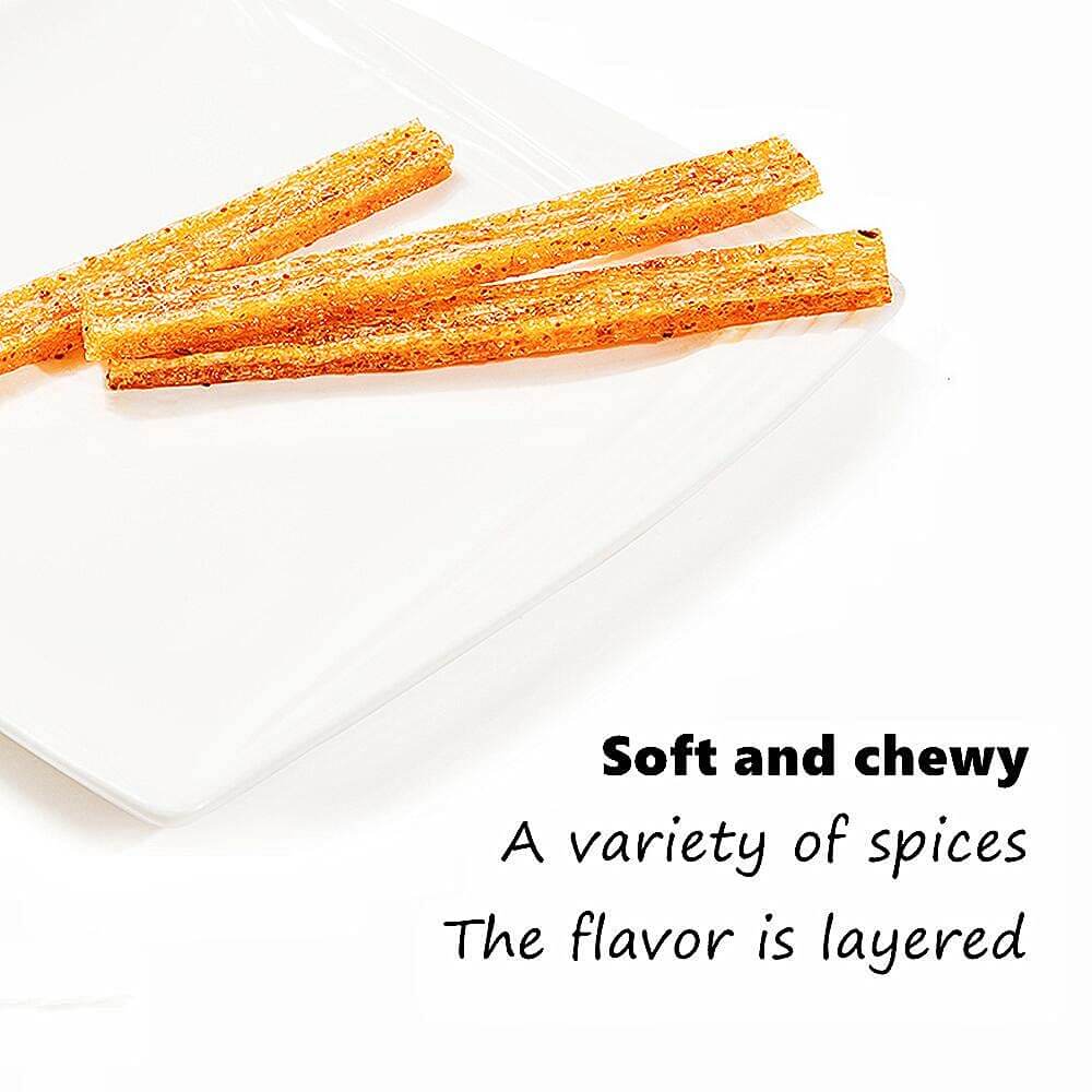 Chinese Spicy Latiao Gluten Strips served on a plate, showcasing their soft, chewy texture and variety of spices.