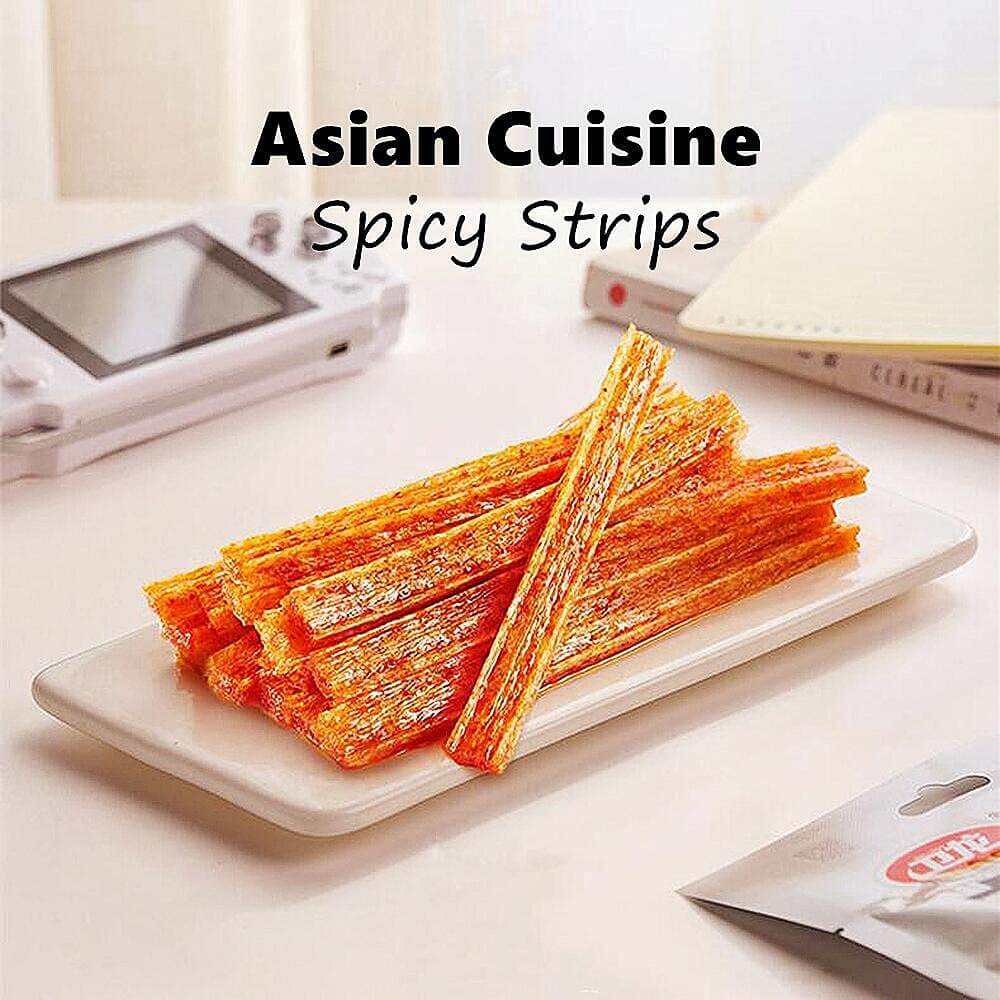 Chinese Spicy Latiao Gluten Strips on a white plate with a gaming device in the background. Viral TikTok Chinese Latiao