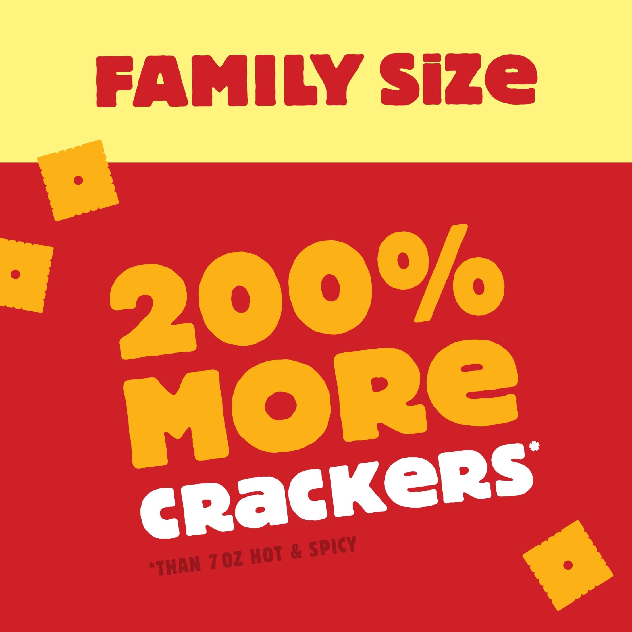 Cheez-It Hot and Spicy Crackers family size packaging featuring 200% more crackers in bold text.