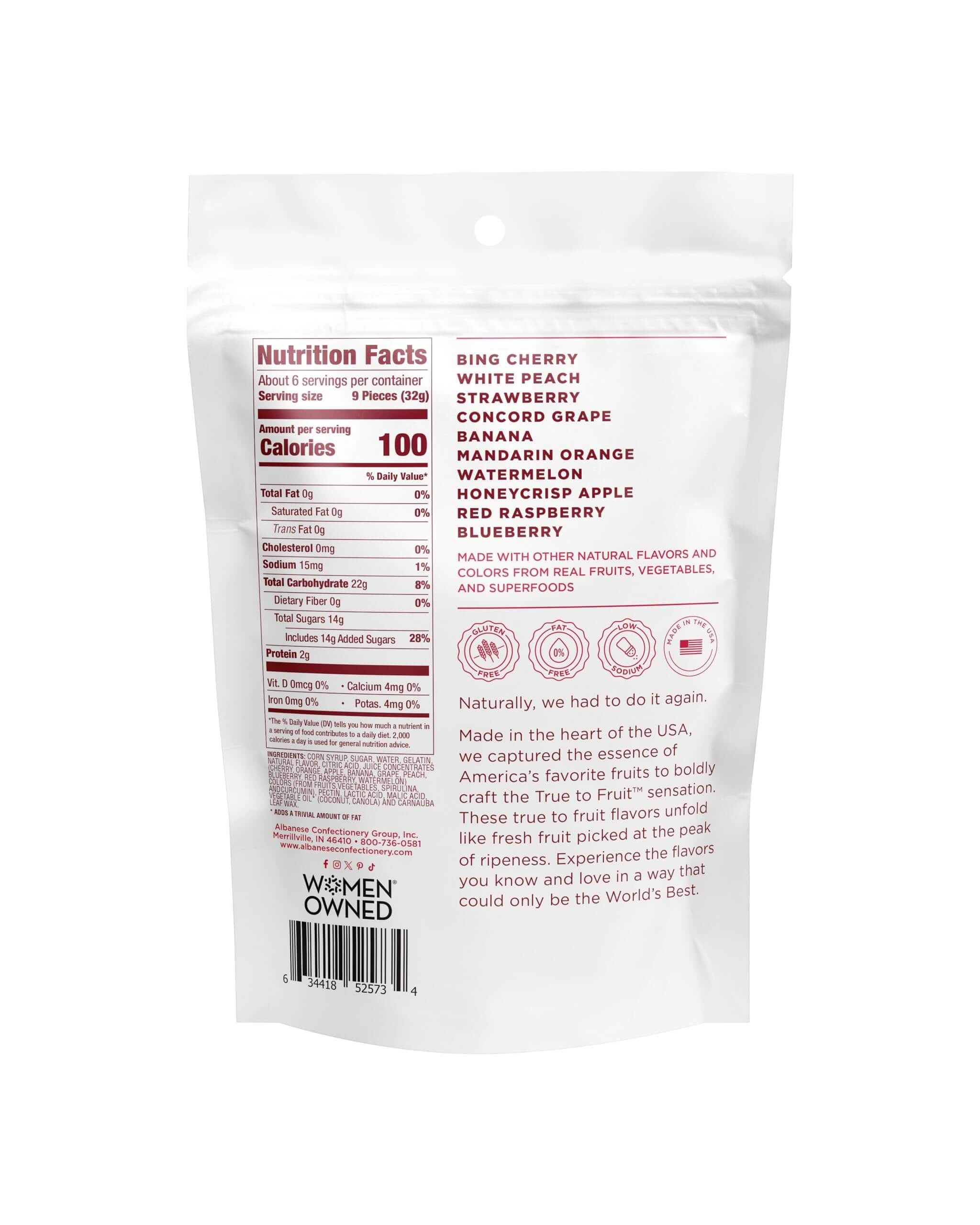 Albanese Gummy Bears nutrition facts and ingredients list on packaging, showcasing flavors like bing cherry and watermelon.