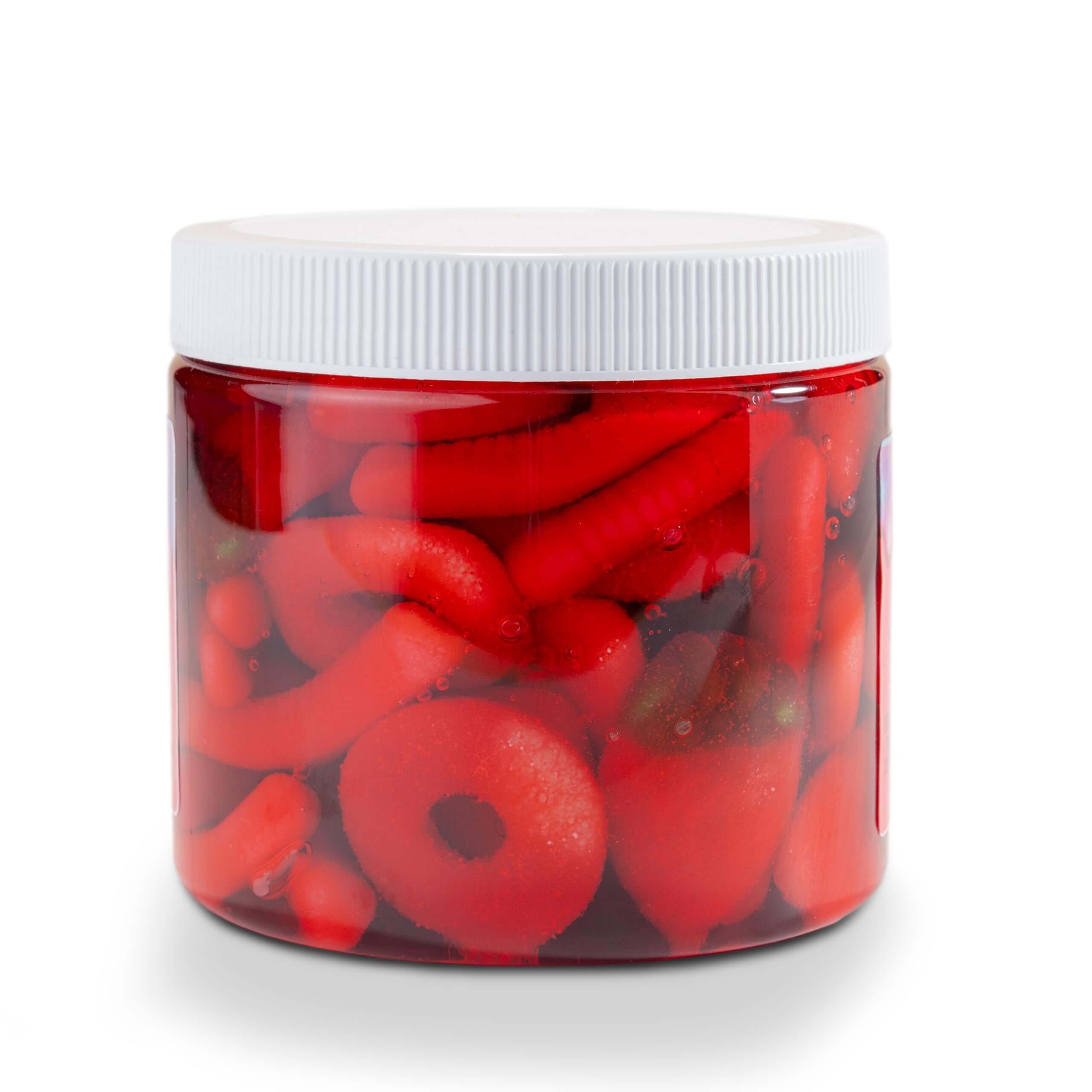 Viral Sour Gooey Gummies in a clear jar, showcasing vibrant red strawberry-flavored candy pieces.