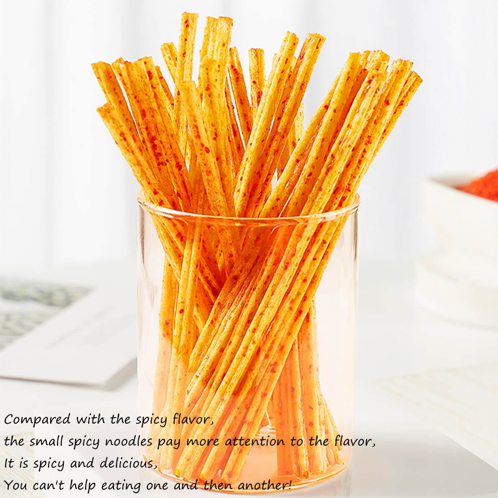 Chinese Spicy Latiao Gluten Strips in a clear glass container, showcasing their vibrant color and crunchy texture.