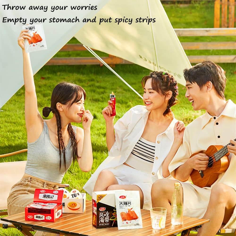 Three friends enjoying Chinese Spicy Latiao Gluten Strips outdoors in a sunny setting.