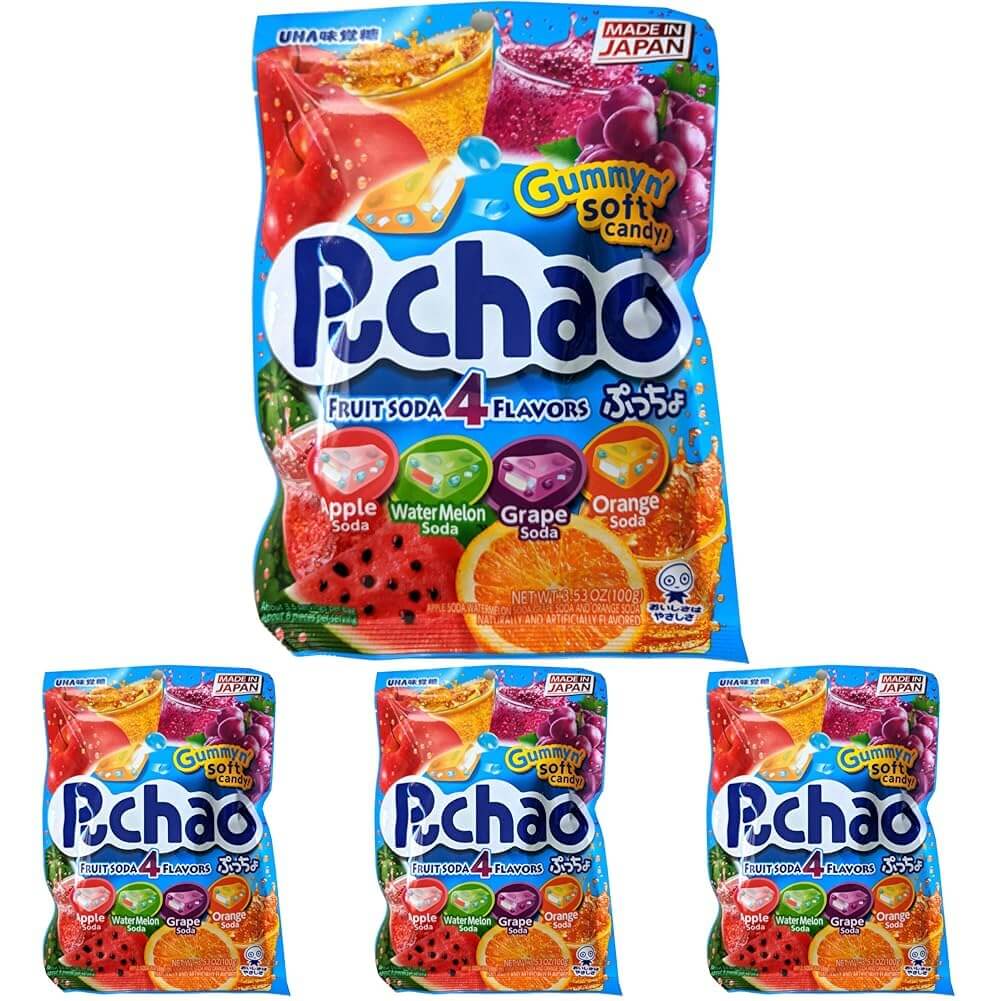Puchao Japanese Chewy Candy, 4 Fruit Soda Flavors - Apple, Watermelon, Grape, Orange, Soft Candy with Fizzy Gummy Bits Inside, As Seen on TikTok, Variety Pack, Product of Japan - Collins Global Snack Store
