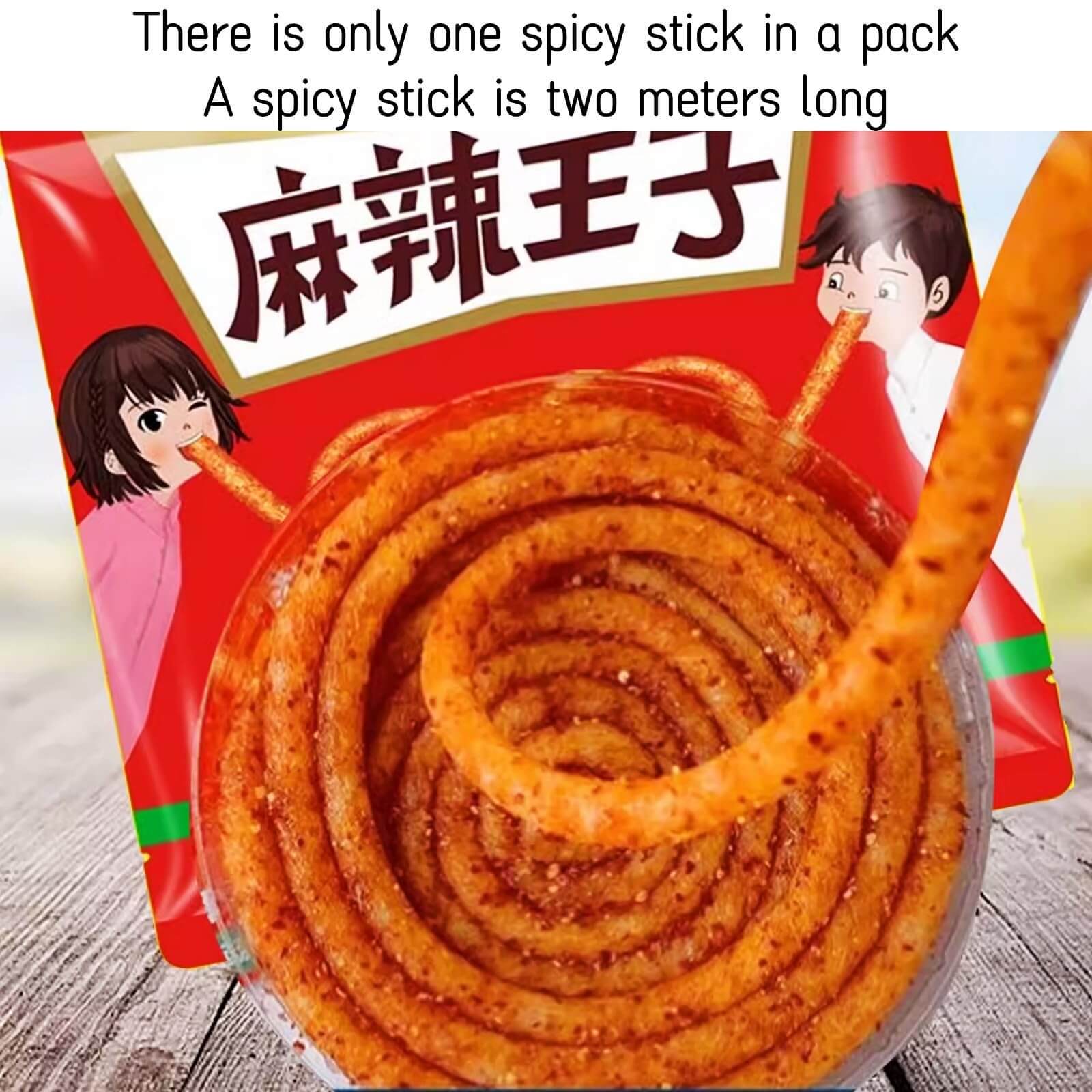 Close-up of TikTok viral Chinese Spicy Latiao Gluten Strips showcased in a pack with a long, coiled snack.