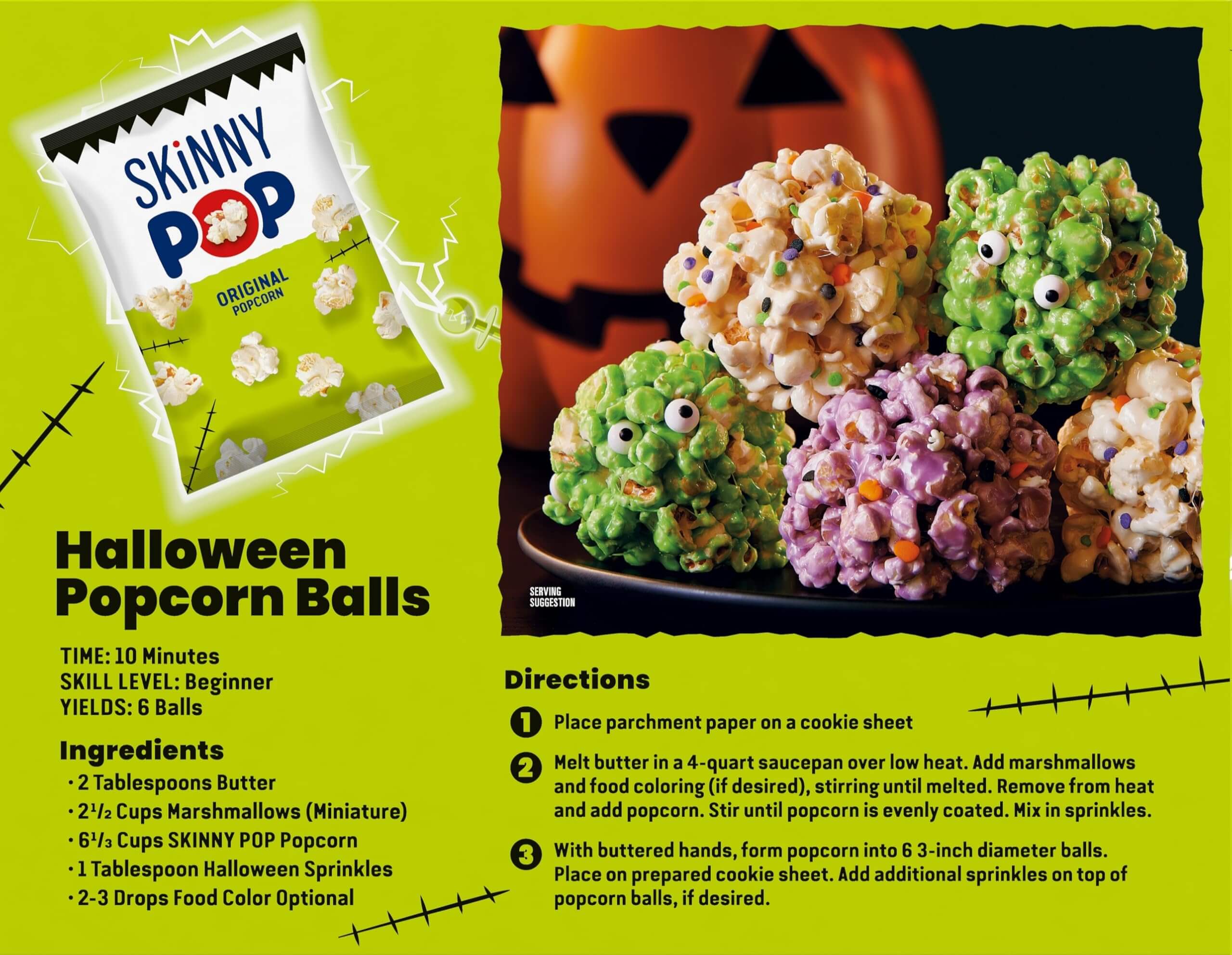 SkinnyPop Family Favorite Variety Pack Halloween Popcorn Balls recipe with colorful popcorn shapes and instructions.