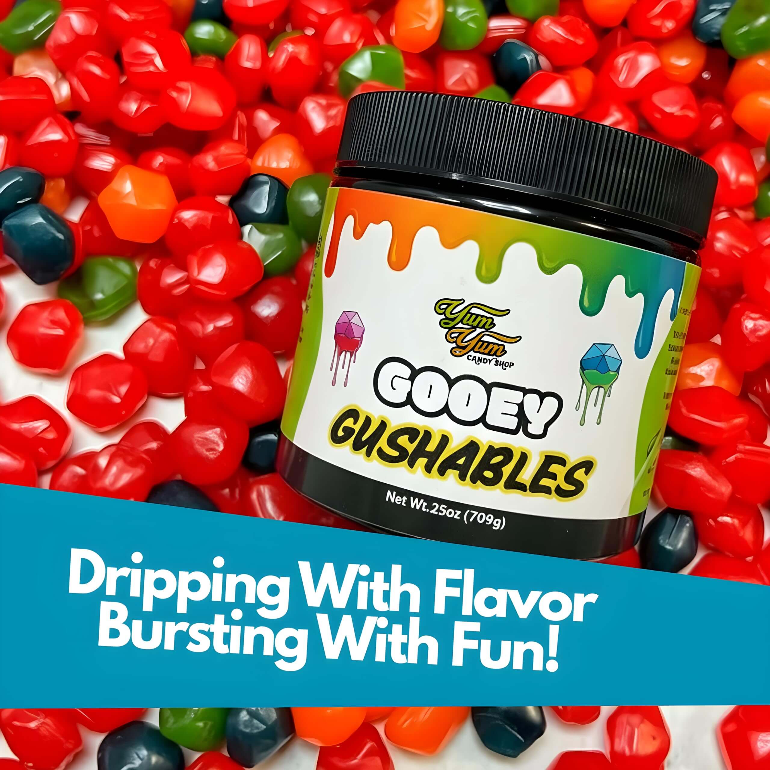 Gooey Gushables Sour blue raspberry liquid candy sauce jar surrounded by colorful candy pieces.