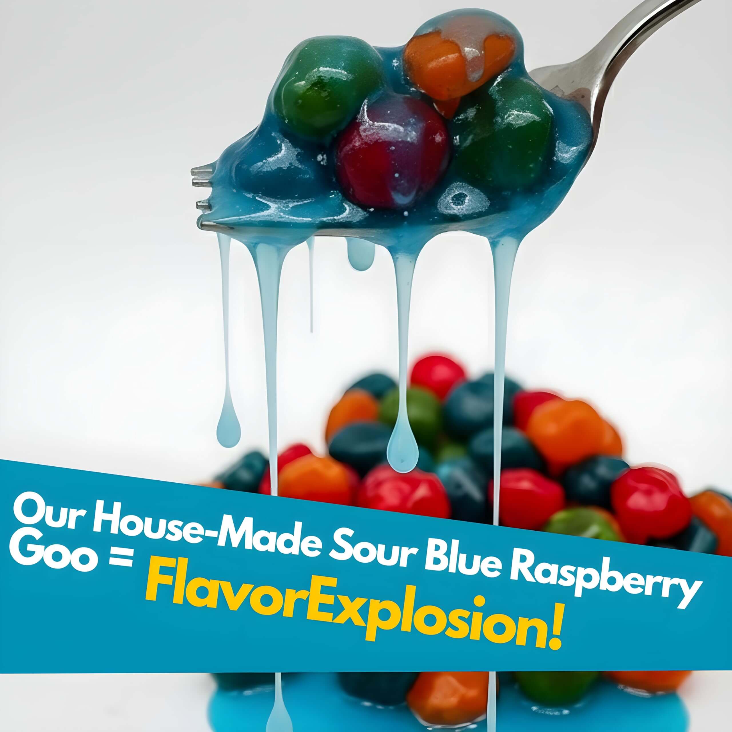 Gooey Gushables Sour Blue Raspberry with vibrant colors and drizzled sauce on a fork, showcasing a flavor explosion.