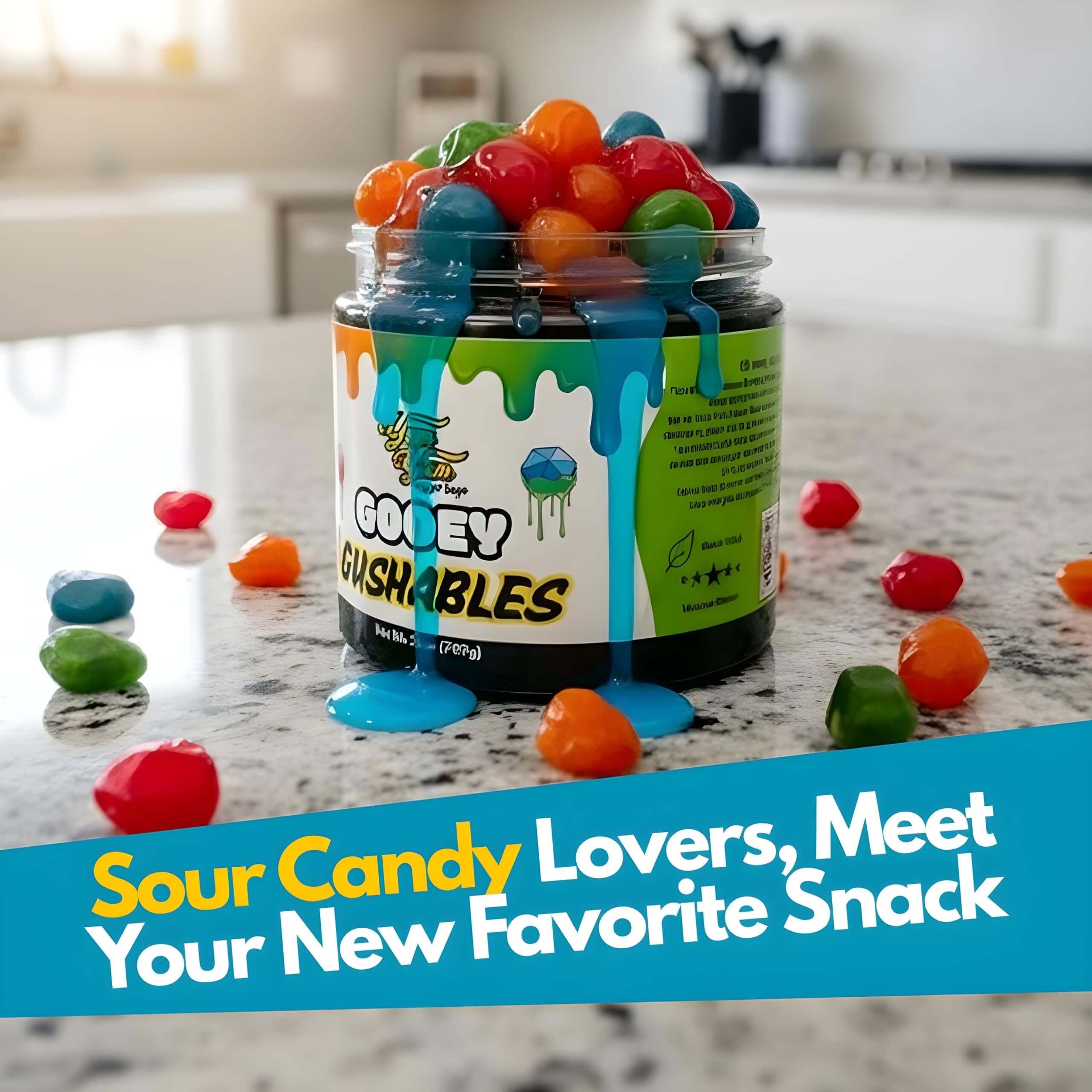 Gooey Gushables Sour liquid candy in jar with colorful gummies on kitchen counter.