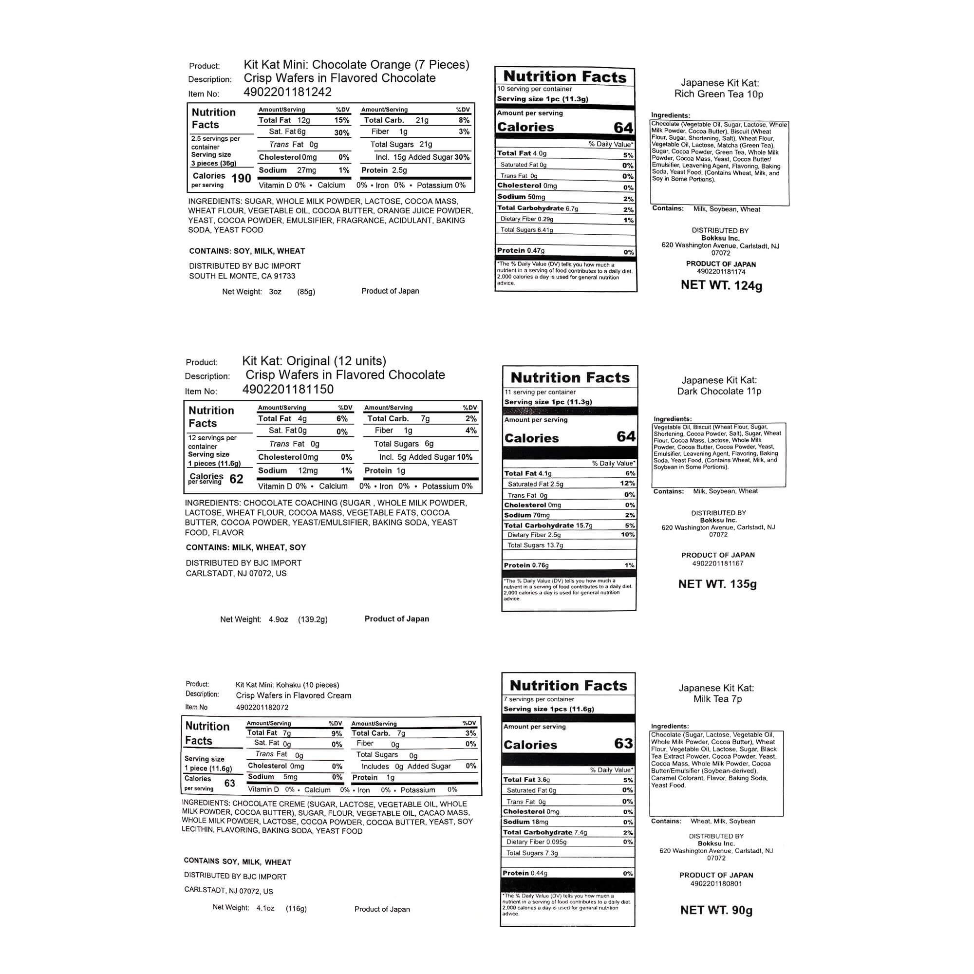 Viral TikTok TokyoTreat Premium Nutrition facts labels for Viral Japanese KitKat Variety Pack flavors, including Chocolate Orange and Original.