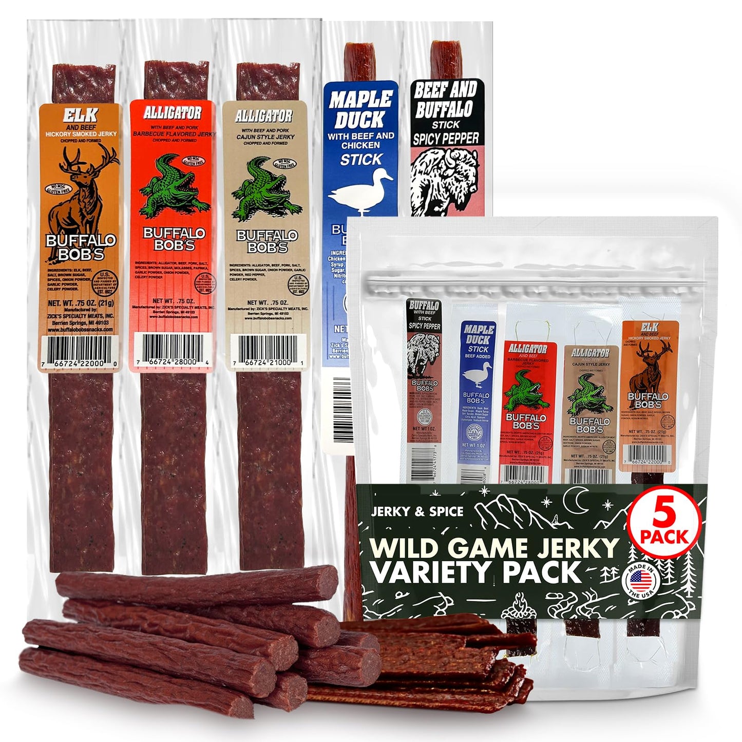 Wild Game Meat Snacks (5 Pack) Exotic Variety Assortment Sampler, HIgh Protein, Gift for Men/Dad, Stocking Stuffer, Adventure Enthusiast, Unique Snacks - Collins Global Snack Store