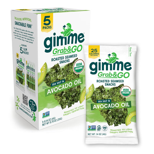 Gimme Seaweed Grab & Go Organic Premium Roasted Seaweed Snacks, Sea Salt & Avocado Oil, 5 Count Trayless, Keto, Vegan, Gluten-Free, Source of Omega3s, Healthy On-The-Go Snack for Kids & Adults - Collins Global Snack Store