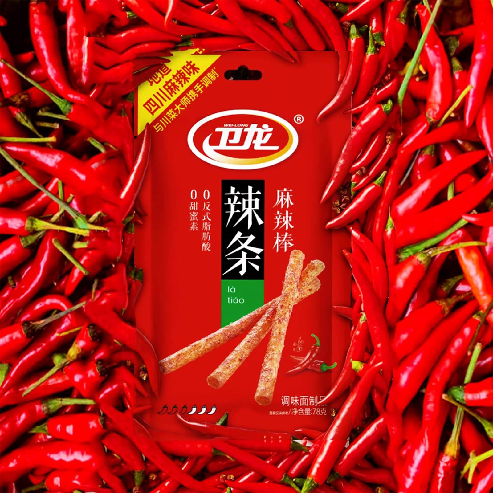 Chinese Spicy Latiao Gluten Strips packaging with red chili peppers background