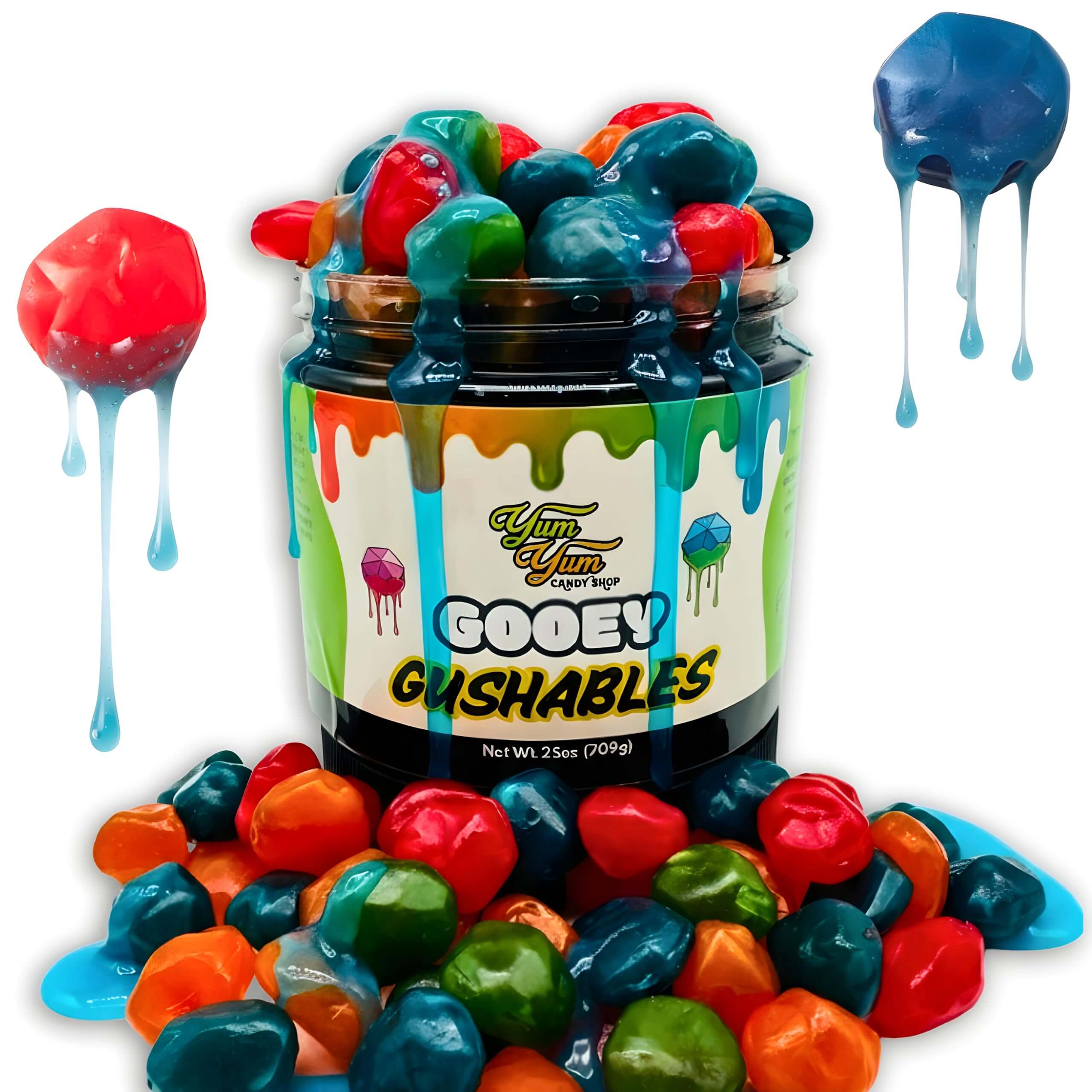 Gooey Gushables Sour blue raspberry candy jar with colorful gummies and liquid candy sauce dripping.