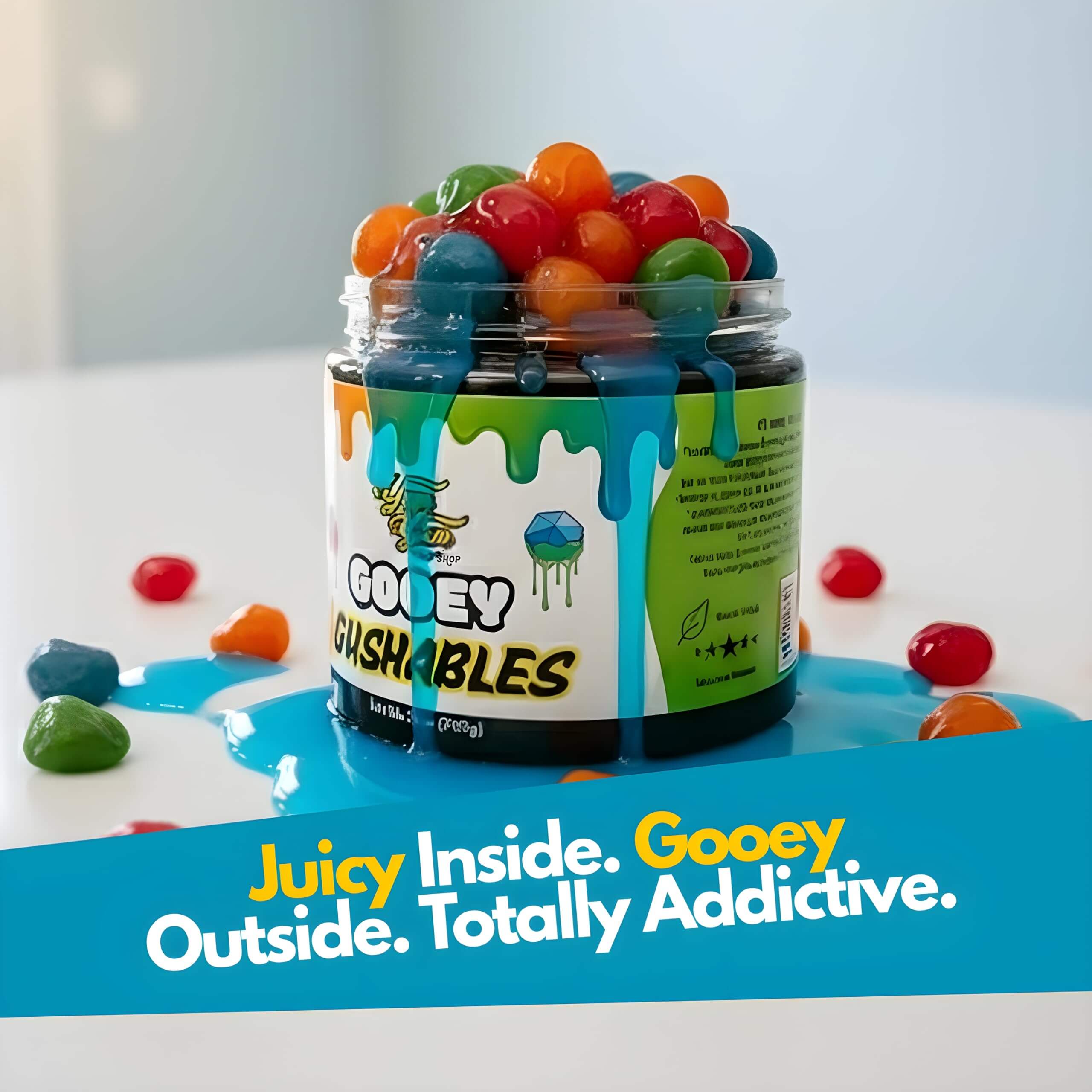Gooey Gushables Sour blue raspberry candy jar with colorful candies and blue sauce spilling out.