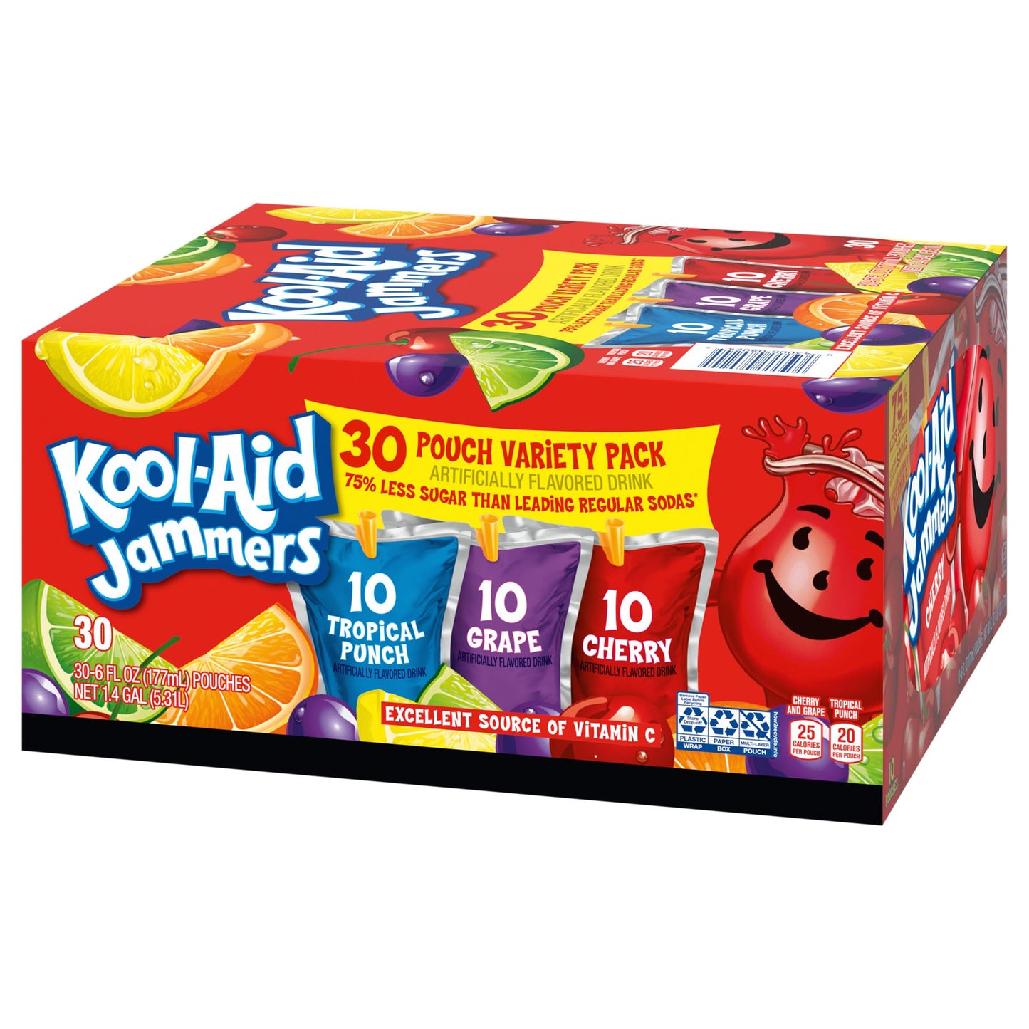 Kool-Aid Jammers Tropical Punch, Grape & Cherry Flavored 0% Juice Drink Variety Pack, 30 ct Box, 6 fl oz Pouches - Collins Global Snack Store