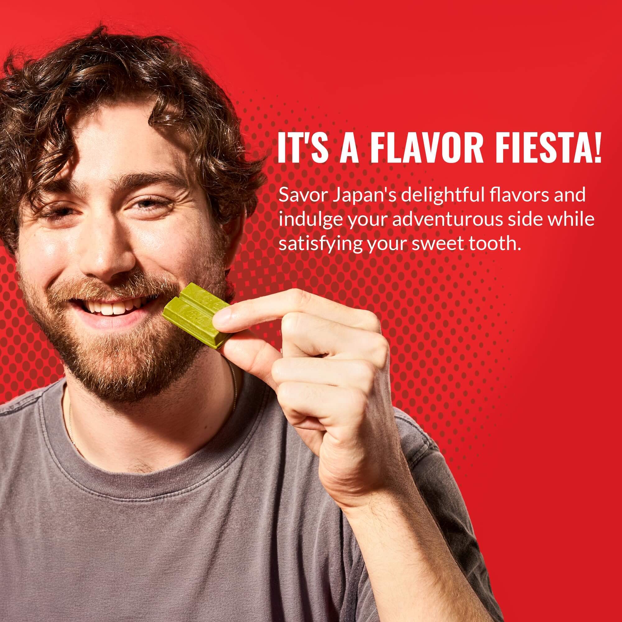 Viral TikTok TokyoTreat Premium Viral Japanese KitKat Variety Pack - Man enjoying a unique Japanese KitKat flavor with a smile.