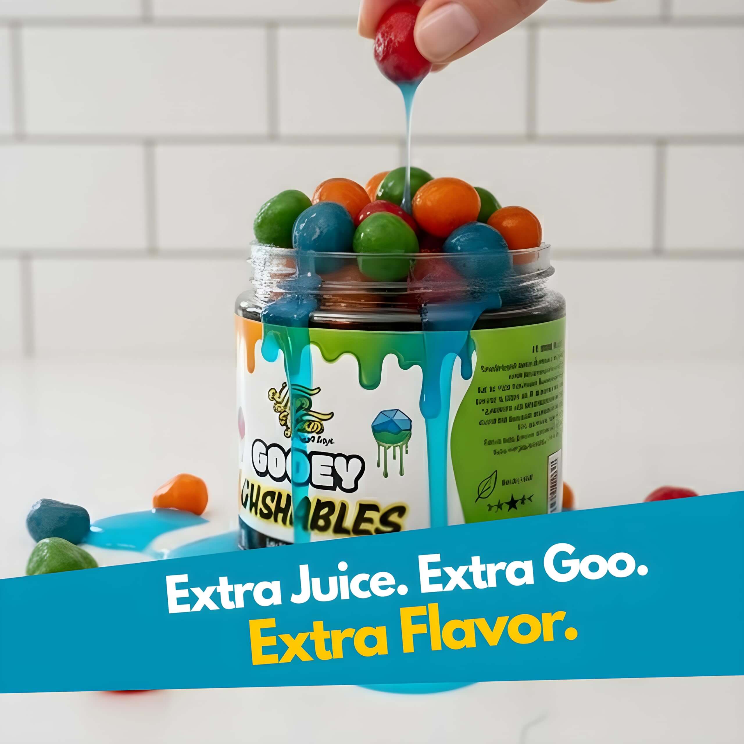 Gooey Gushables Sour blue raspberry candies dripping with liquid candy sauce for extra flavor.