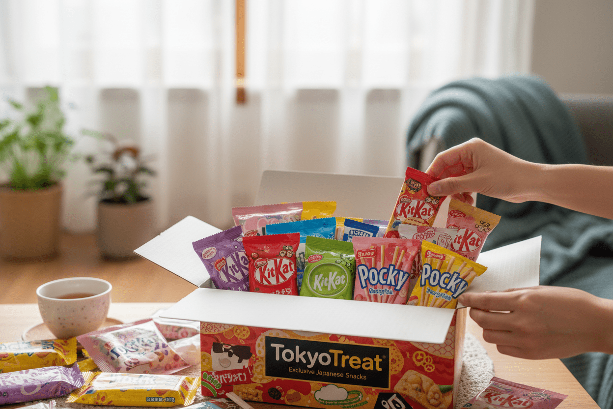 Viral TikTok TokyoTreat Premium subscription box filled with Japanese snacks and candies.