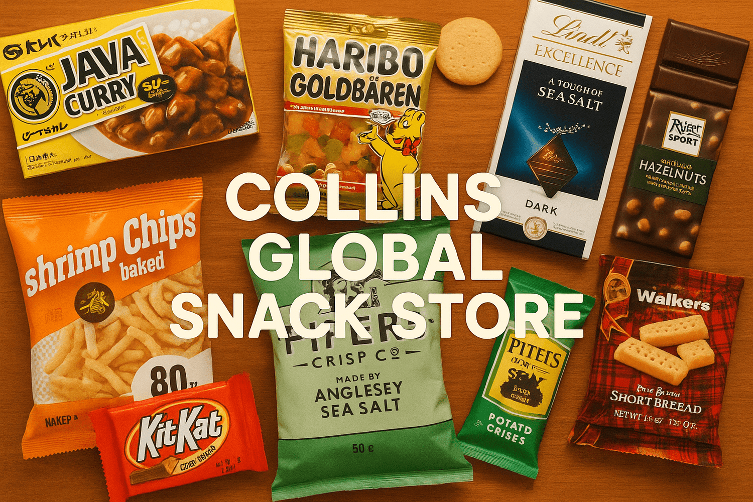 international snack collection featuring global treats like KitKat, Haribo, and shrimp chips from Collins Global Snack Store.