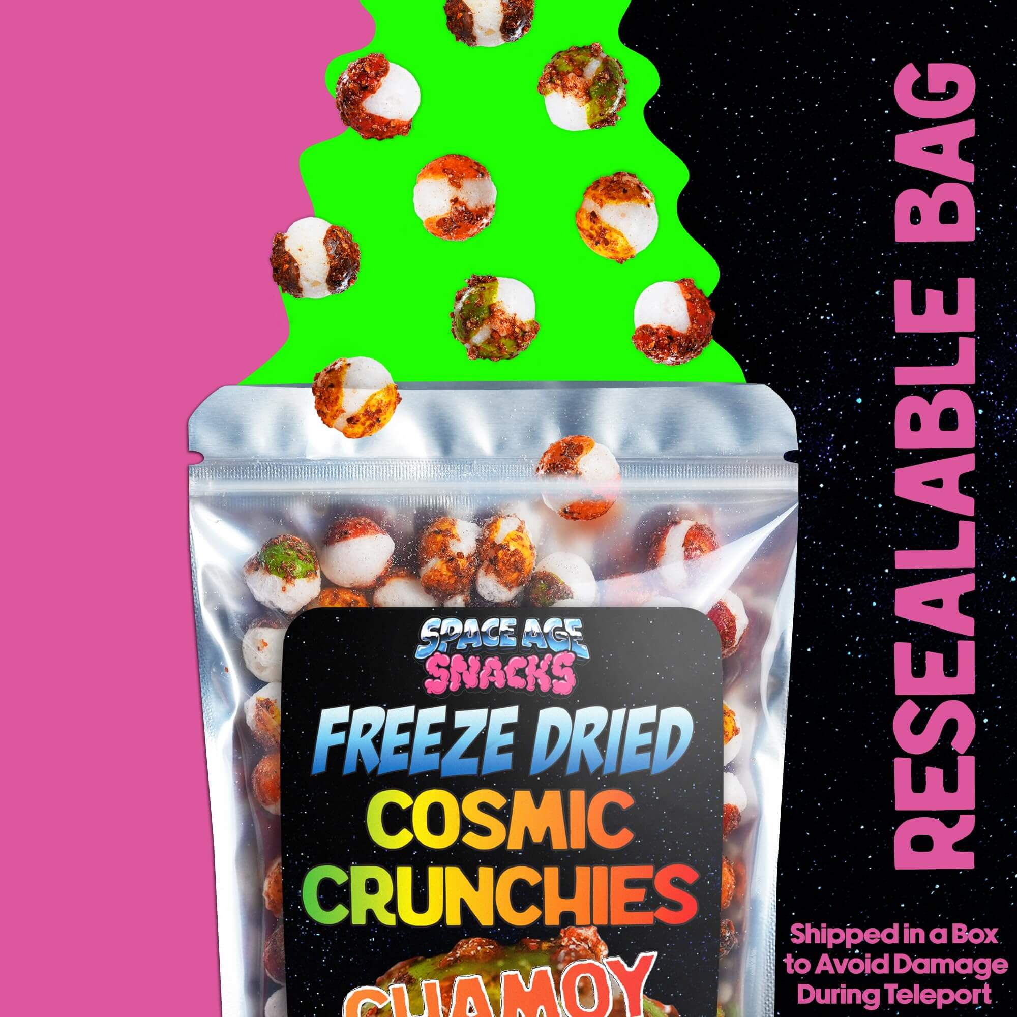 freeze-dried snacks bundle featuring Cosmic Crunchies and Chamoy in a resealable bag with vibrant packaging.