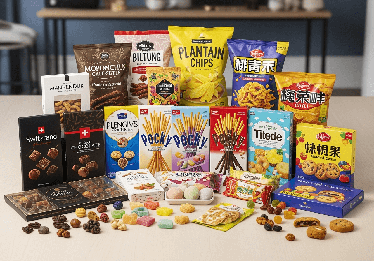 best-selling global snacks collection featuring popular treats from around the world including chips, chocolate, and candies.