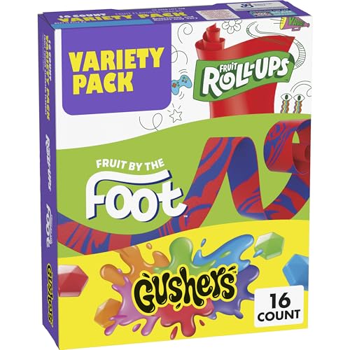 Fruit Roll-Ups Variety Pack featuring colorful rolls and Gushers in a convenient box for tasty, fruity snacking.