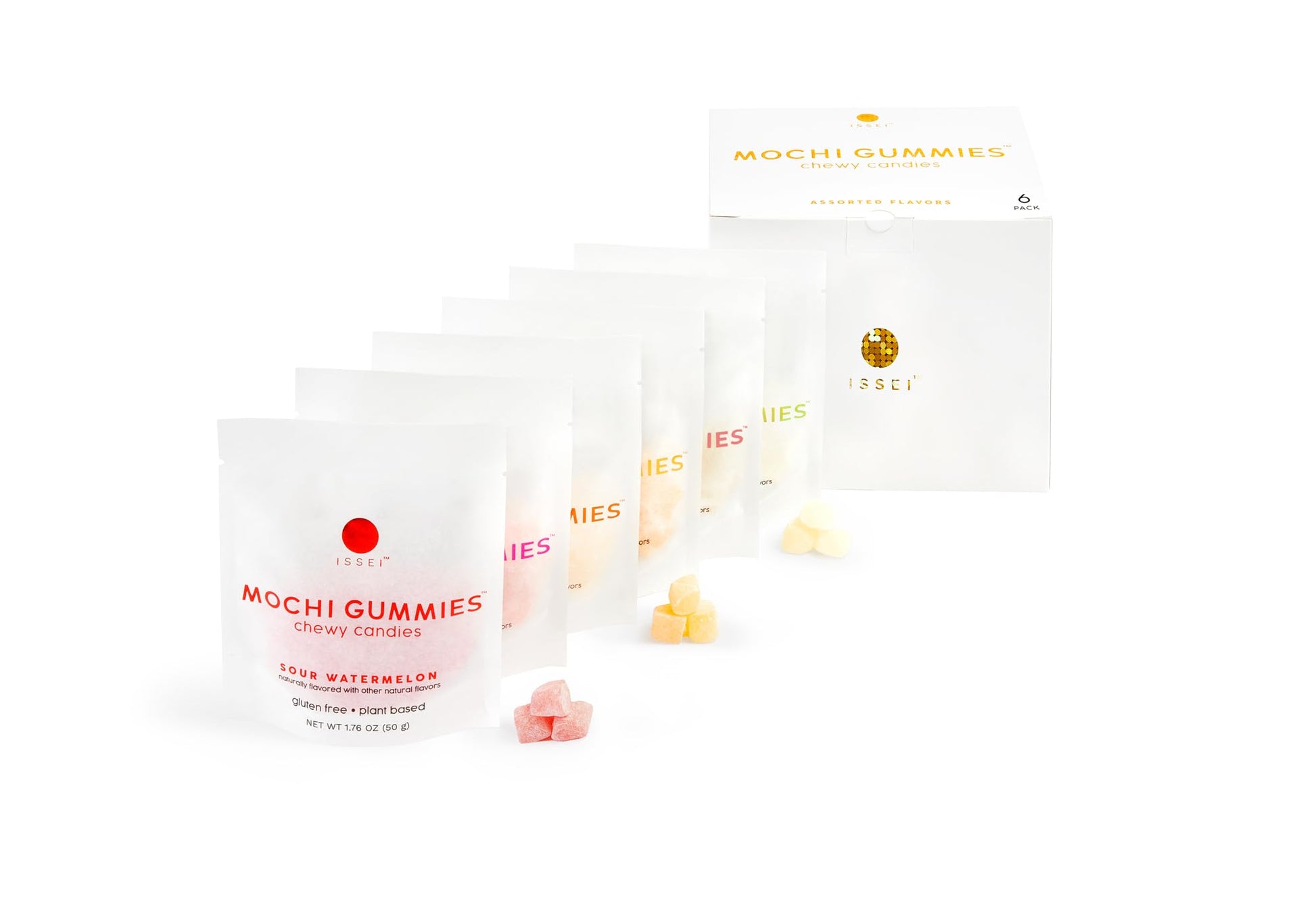 ISSEI Mochi Gummies Chewy Candy | Soft & Chewy | Award Winning | Gelatin-Free, Non-GMO, Kosher | Delicious Snack | 1.76 Oz (6 Pack, Rainbow Variety) - Collins Global Snack Store