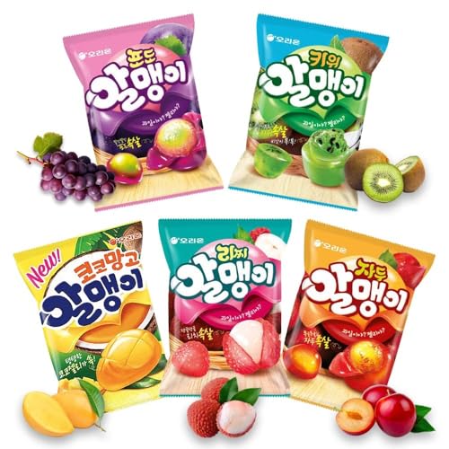 Korean Fruit Jelly Candy – Assorted Chewy Gummy Snacks – 5 Fruity Flavors (Grape, Plum, Lychee, Kiwi, Mango) – Individually Wrapped – Perfect for Kids & Adults – 알맹이젤리 (5 Flavor Mix–2.4oz(67g) × 5pack) - Collins Global Snack Store