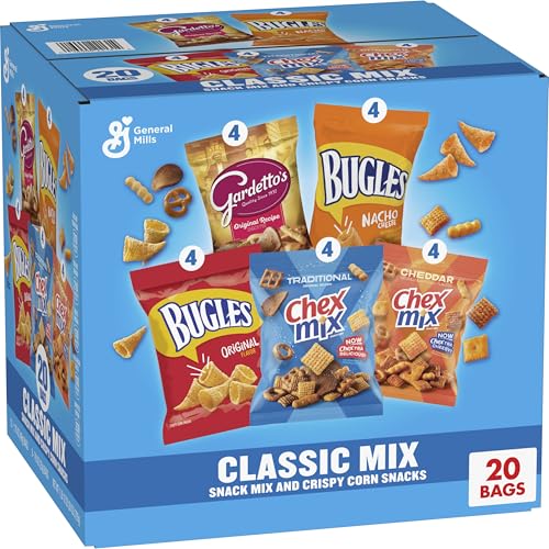 Classic Mix Snack Variety Pack, Bugles Original and Nacho Cheese, Gardetto's Original Recipe, Chex Mix Traditional and Cheddar, 20 Ct, 28 oz - Collins Global Snack Store