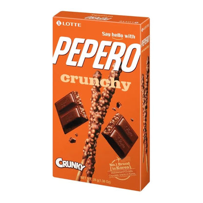 Viral Hot Korean Pepero – Spicy Chocolate Biscuit Sticks in a vibrant box with Crunky design and chocolate pieces.