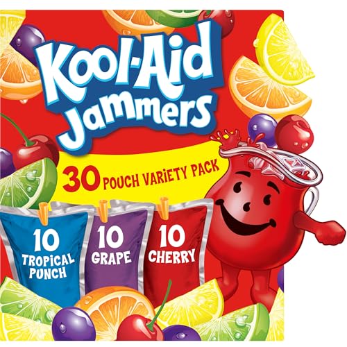 Kool-Aid Jammers Tropical Punch, Grape & Cherry Flavored 0% Juice Drink Variety Pack, 30 ct Box, 6 fl oz Pouches - Collins Global Snack Store