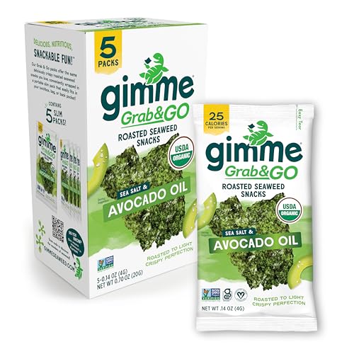 Gimme Organic Roasted Seaweed SnacksGimme Seaweed Grab &amp; Go Organic Premium Roasted Seaweed Snacks, Sea Salt &amp; Avocado Oil, 5 Count Trayless, Keto, Vegan, Gluten-Free, Source of Omega3s, Healthy On-The-Go Snack for Kids &amp; Adults - Collins Global Snack Store
