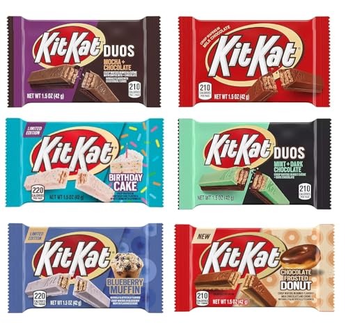 Hershey's KitKat 6 Bars Variety Assortment Mix Bundle Pack Chocolate Candy Singles - Milk - Dark- Mint - Mocha - Strawberry - Blueberry Muffin, 1.5 ounces - Collins Global Snack Store