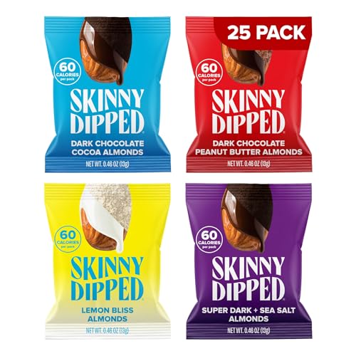 SkinnyDipped Snack Attack Minis Almond Variety Pack, Healthy Snack, Plant Protein, Gluten Free, 0.46 oz Mini Bags, Pack of 25 - Collins Global Snack Store