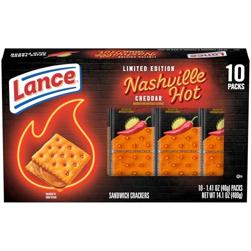 Lance Nashville Hot Cheddar sandwich crackers box with vibrant packaging showcasing bold spicy flavor.