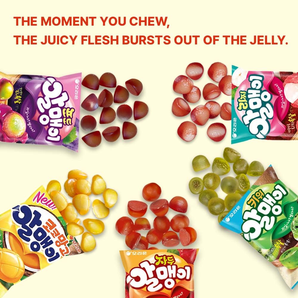 Korean Fruit Jelly Candy – Assorted Chewy Gummy Snacks – 5 Fruity Flavors (Grape, Plum, Lychee, Kiwi, Mango) – Individually Wrapped – Perfect for Kids & Adults – 알맹이젤리 (5 Flavor Mix–2.4oz(67g) × 5pack) - Collins Global Snack Store