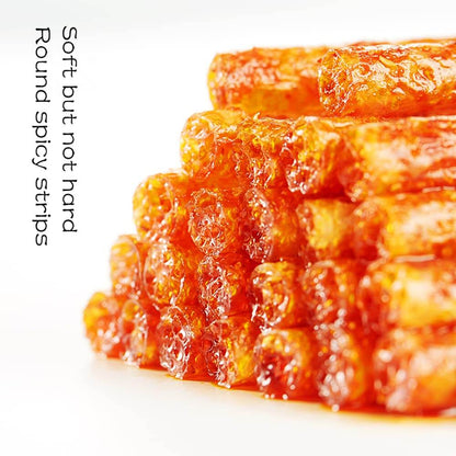 Chinese Spicy Latiao Gluten Strips piled high, showcasing their soft and chewy texture, perfect for snacking.