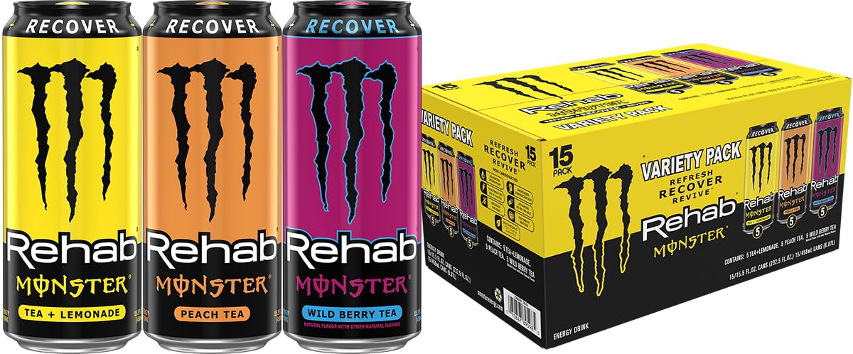 Monster Rehab Peach Tea + Energy, Energy Iced Tea, 15.5 Ounce (Pack of 24) - Collins Global Snack Store