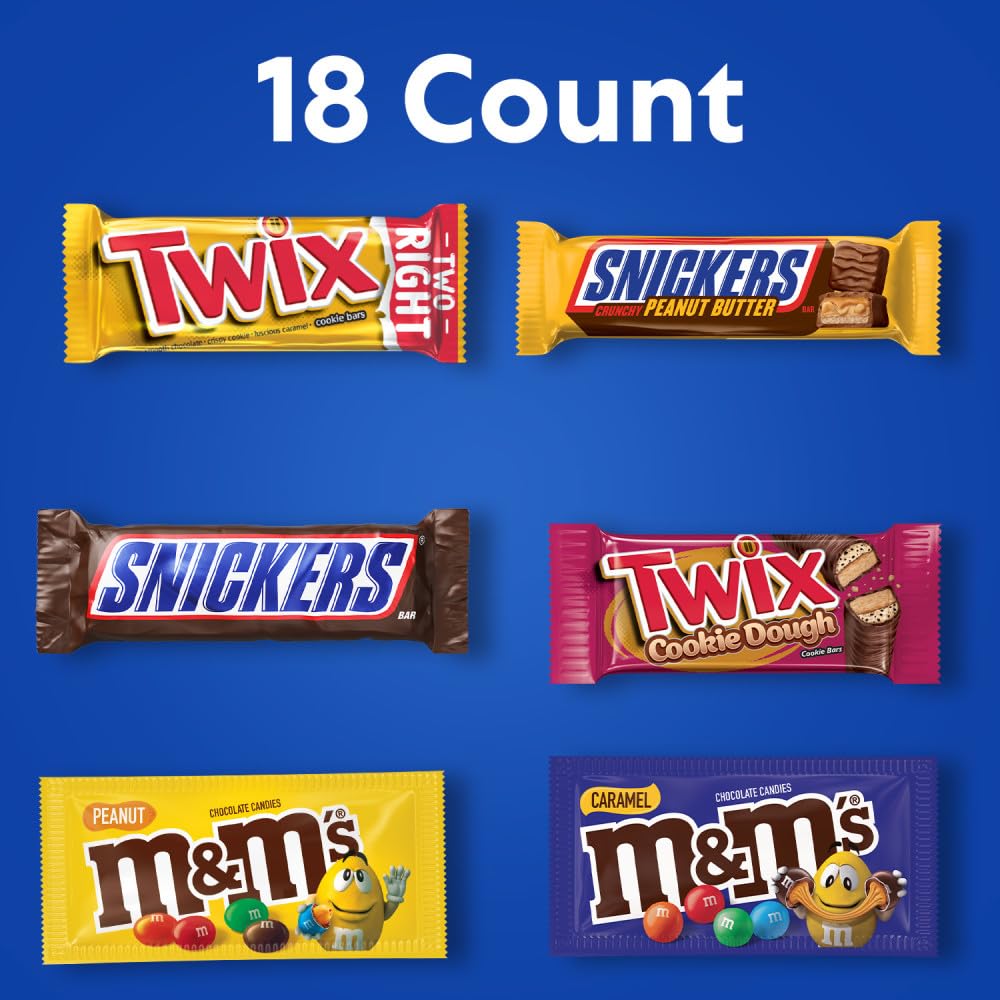 Mars M&M'S Peanut, M&M'S Caramel, SNICKERS Original, SNICKERS Peanut Butter Squared, TWIX Original and TWIX Cookie Dough Variety Pack Full Size Individually Wrapped Milk Chocolate Candy Bars, 18 Ct - Collins Global Snack Store