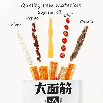 Quality raw materials for Viral TikTok Chinese Latiao snack, including flour, chili, cumin, and pepper.