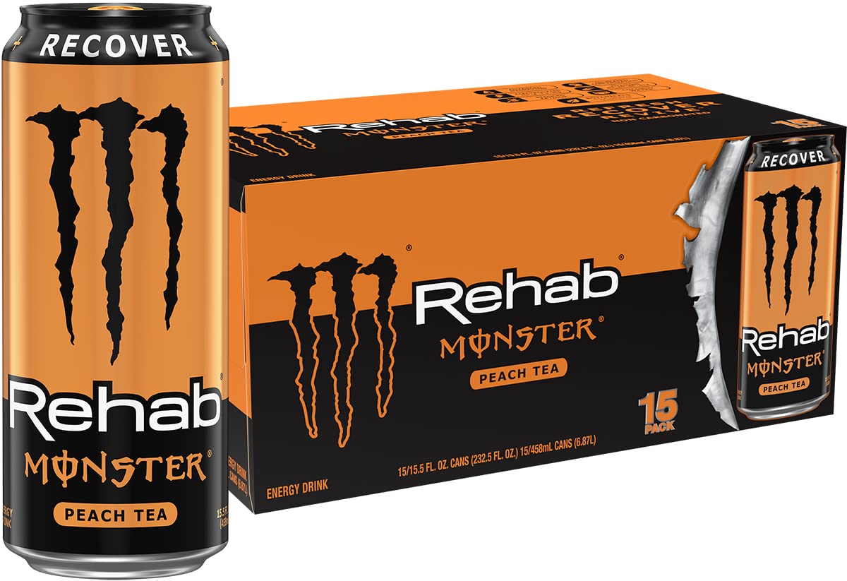 Monster Rehab Peach Tea + Energy, Energy Iced Tea, 15.5 Ounce (Pack of 24) - Collins Global Snack Store