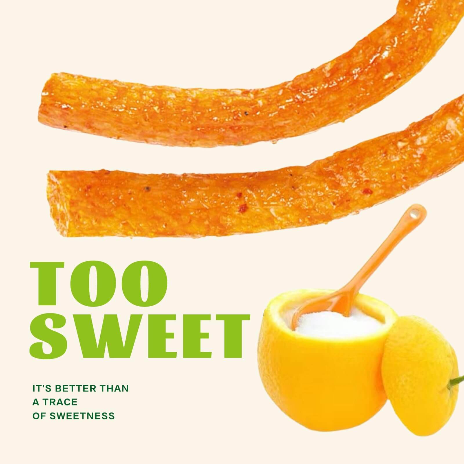 Chinese Spicy Latiao Gluten Strips with lemon and text highlighting sweetness.