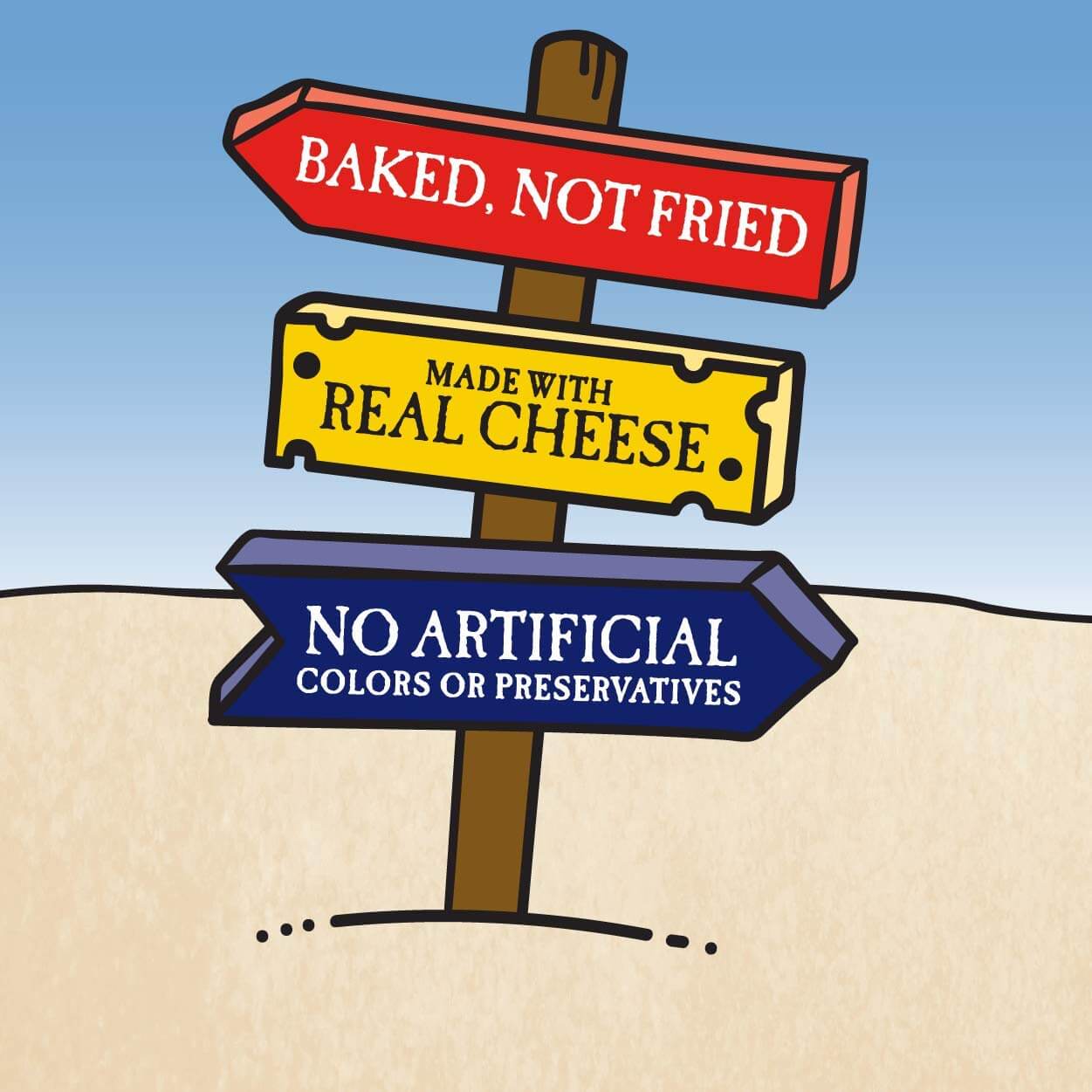 Signpost displaying snacks info: Baked, Not Fried; Made with Real Cheese; No Artificial Colors or Preservatives.