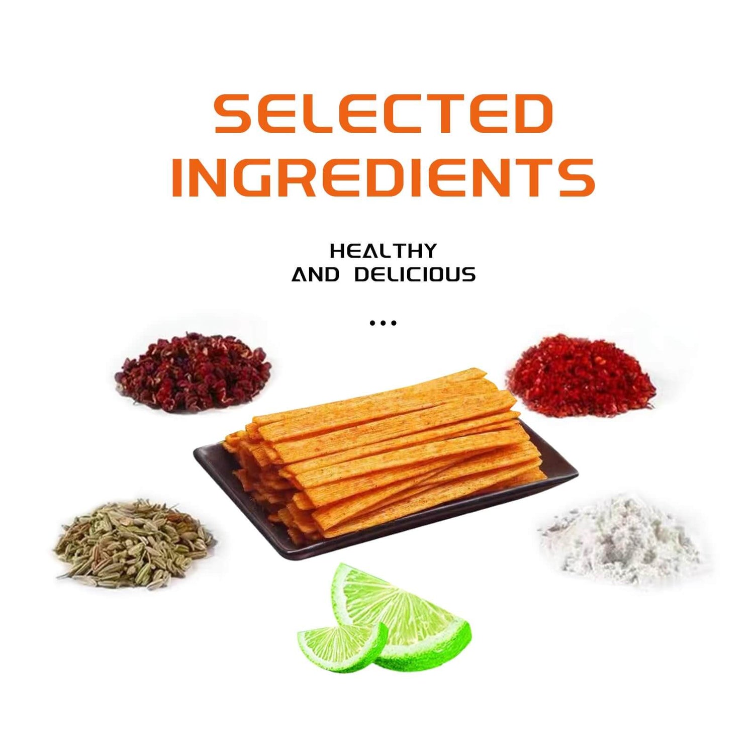 Selected ingredients for Chinese Spicy Latiao Gluten Strips, featuring spices and lime.